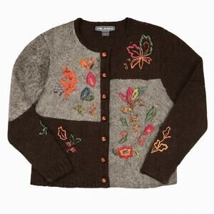 Dress Barn Womens Small Fall Ramie Acrylic Floral Embroidered Patches Cardigan